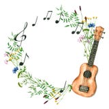 Wreath with watercolor wildflowers, ukulele, notes. Hand drawn illustration is isolated on white. Round frame