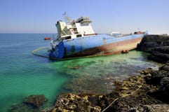 Wrecked Oil Tanker In Clean Sea Water Stock Photos
