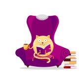 Wręcza patroszonego fantazji round kota obsiadanie w dużym purpurowym karle i czytelniczej książce Relaksować domowego czytelnicz ilustracji Wręcza patroszonego fantazji round kota obsiadanie w dużym purpurowym karle i czytelniczej książce Relaksować domowego czytelnicz ilustracji