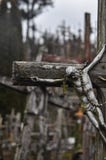 Wzgórze krzyże w Lithuania z detail’s strzałem pojedynczy krzyż z Jezusową postacią podkreślającą zdjęcie stock Wzgórze krzyże w Lithuania z detail’s strzałem pojedynczy krzyż z Jezusową postacią podkreślającą zdjęcie stock