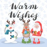 Wärmen Sie Wünsche Sankt, Rotwild und Schneemann vektor abbildung Wärmen Sie Wünsche Sankt, Rotwild und Schneemann vektor abbildung
