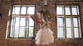 Würdevoller schöner Mädchentänzer im Ballettröckchenkleid führt Elemente des klassischen Balletts im Dachbodenentwurf Studio durc stock video Würdevoller schöner Mädchentänzer im Ballettröckchenkleid führt Elemente des klassischen Balletts im Dachbodenentwurf Studio durc stock video