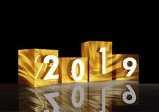 Würfel des neuen Jahres 2019 Goldund im Hintergrund lizenzfreie abbildung Würfel des neuen Jahres 2019 Goldund im Hintergrund lizenzfreie abbildung