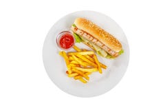 Würstchen mit Wurst und Pommes-Frites lokalisierte weißes stockbild Würstchen mit Wurst und Pommes-Frites lokalisierte weißes stockbild