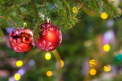 Two red balls on fresh fir christmas tree twig royalty free stock photo Two red balls on fresh fir christmas tree twig royalty free stock photo