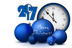 Xmas and New Year 2017 concept. Blue christmas balls with silver holders and vintage watch royalty free illustration Xmas and New Year 2017 concept. Blue christmas balls with silver holders and vintage watch royalty free illustration