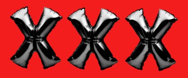 XXX sign for adult content material. Letters X made of black inflatable helium balloon on red background. Porn, adult content only