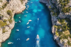 Yachts at the sea in France. Aerial view of luxury floating boat on transparent turquoise water at sunny day. royalty free stock images Yachts at the sea in France. Aerial view of luxury floating boat on transparent turquoise water at sunny day. royalty free stock images