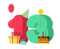 13 year greeting card Birthday. 13th anniversary celebration Template. thirteen number and festive piece of cake with candle. royalty free illustration 13 year greeting card Birthday. 13th anniversary celebration Template. thirteen number and festive piece of cake with candle. royalty free illustration