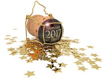 Year& novo x27; cortiça do champanhe de s e estrelas douradas ilustração stock Year& novo x27; cortiça do champanhe de s e estrelas douradas ilustração stock