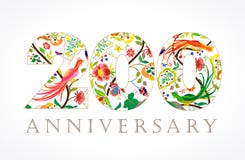 200 years old luxurious celebrating folk logo. Template colored 200 th happy anniversary greetings, ethnics flowers, plants, paradise birds. Traditional stock illustration 200 years old luxurious celebrating folk logo. Template colored 200 th happy anniversary greetings, ethnics flowers, plants, paradise birds. Traditional stock illustration