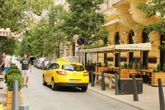 Yellow cab on crowded streets Budapest royalty free stock image Yellow cab on crowded streets Budapest royalty free stock image