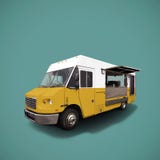 Yellow fast food truck on blue background template