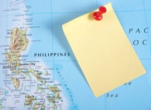 Yellow Note And Red Pin On Map Royalty Free Stock Image