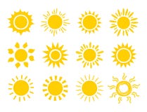 Yellow sun icon set. Orange summer spring sunshine rays. Weather bright sunlight sing. Vector sunrise logo
