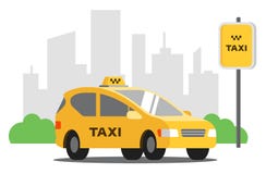 Yellow taxi stands in the parking lot on the background of the city. stock illustration Yellow taxi stands in the parking lot on the background of the city. stock illustration