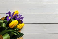 Yellow tulips on a white wooden background Stock Image Yellow tulips on a white wooden background Stock Image