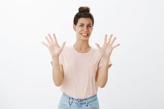 Yikes it is disgusting. Intense awkward and displeased woman about to puke from aversion and dislike waving raised palms royalty free stock photos Yikes it is disgusting. Intense awkward and displeased woman about to puke from aversion and dislike waving raised palms royalty free stock photos