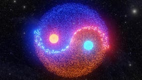 Yin Yang made of glowing particles spinning loop with the stars flying in space background