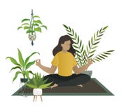 Yoga at home. Meditation of young woman or mom happy relax in home garden jungle room greenhouse vector concept vector illustration Yoga at home. Meditation of young woman or mom happy relax in home garden jungle room greenhouse vector concept vector illustration
