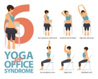 Infographic of 6 Yoga poses for office syndrome in flat design. Beauty woman is doing exercise for strength on office chair.Vector