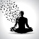 Yoga pose with birds flying from human body, black and white yoga poster