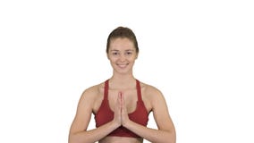 Yoga smiling woman with hands coupled on white background. royalty free stock images Yoga smiling woman with hands coupled on white background. royalty free stock images
