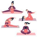 Yogaübungen mit Baby Frau dehnt aus lizenzfreie abbildung Yogaübungen mit Baby Frau dehnt aus lizenzfreie abbildung