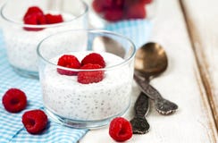 Yoghurt met chiazaden en verse frambozen royalty-vrije stock fotografie Yoghurt met chiazaden en verse frambozen royalty-vrije stock fotografie