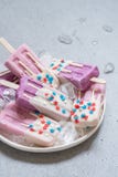 Yoghurtisglassar som överträffas med vita choklad- och amerikanstjärnastänk arkivfoton Yoghurtisglassar som överträffas med vita choklad- och amerikanstjärnastänk arkivfoton