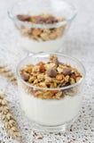 Yogurt And Granola With Chocolate Drops In A Glass Beaker Closeup Stock Photos