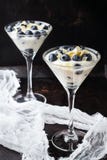 Yogurt casalingo con i muesli ed i mirtilli del granola in vetro di martini fotografia stock Yogurt casalingo con i muesli ed i mirtilli del granola in vetro di martini fotografia stock