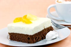 Yogurt-peach Pie With Whipped Cream,cappuccino Royalty Free Stock Image