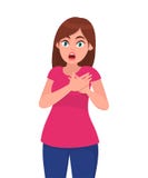 Young attractive shocked woman holds hands on chest. Sick woman with heart attack, pain, health problem holding touching her chest stock illustration Young attractive shocked woman holds hands on chest. Sick woman with heart attack, pain, health problem holding touching her chest stock illustration