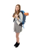 Young attractive tourist woman smiling happy carrying backpack and city map on holidays tourism concept stock image Young attractive tourist woman smiling happy carrying backpack and city map on holidays tourism concept stock image