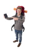 Young backpacker tourist holding passport carrying backpack ready for travel stock photos Young backpacker tourist holding passport carrying backpack ready for travel stock photos
