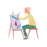 Young bearded man sitting on chair painting on canvas. Professional painter. Talented artist. Flat vector illustration stock illustration Young bearded man sitting on chair painting on canvas. Professional painter. Talented artist. Flat vector illustration stock illustration