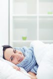 Young beautiful Caucasian woman on bed having headache / insomni Royalty Free Stock Image Young beautiful Caucasian woman on bed having headache / insomni Royalty Free Stock Image