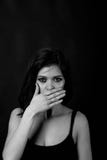 Young Beautiful Girl Closes Her Mouth.Not Talking About SSL, Black And White Royalty Free Stock Photo Young Beautiful Girl Closes Her Mouth.Not Talking About SSL, Black And White Royalty Free Stock Photo