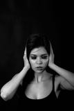 Young Beautiful Girl Closes The Ears.Hear No Evil, Black-white Royalty Free Stock Image Young Beautiful Girl Closes The Ears.Hear No Evil, Black-white Royalty Free Stock Image