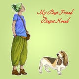 Young beautiful woman girl with best friend basset hound dog stock illustration Young beautiful woman girl with best friend basset hound dog stock illustration