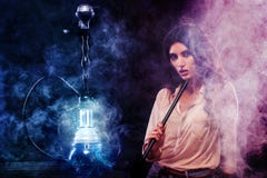 Young, Beautiful Woman In The Night Club Or Bar Smoke A Hookah. The Pleasure Of Smoking. Smoke. Stock Image Young, Beautiful Woman In The Night Club Or Bar Smoke A Hookah. The Pleasure Of Smoking. Smoke. Stock Image