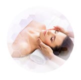 Young and beautiful woman in spa. Collage with honeycomb tiles. Healing and massaging concept. Royalty Free Stock Photos Young and beautiful woman in spa. Collage with honeycomb tiles. Healing and massaging concept. Royalty Free Stock Photos