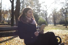 Young business woman in the park buys online Royalty Free Stock Photography Young business woman in the park buys online Royalty Free Stock Photography