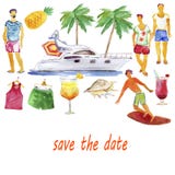 Young cheerful people having fun in boat party - Happy friends enjoying summer vacation. Watercolor painting. Vector Illustration Young cheerful people having fun in boat party - Happy friends enjoying summer vacation. Watercolor painting. Vector Illustration