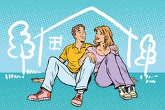 Young couple boy and girl dreams about the house royalty free illustration Young couple boy and girl dreams about the house royalty free illustration