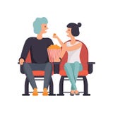 Young couple in love watching movie in cinema theater and eating popcorn vector Illustration on a white background. Stock Photography Young couple in love watching movie in cinema theater and eating popcorn vector Illustration on a white background. Stock Photography