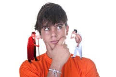Young, Devil And Angel Talking To Him Stock Photos Young, Devil And Angel Talking To Him Stock Photos