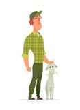 Young farmer standing and stroking the goat`s head. Character modern design Royalty Free Illustration Young farmer standing and stroking the goat`s head. Character modern design Royalty Free Illustration