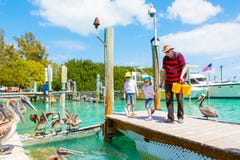 Young father and two little kid boys feeding fishes and big brown pelicans in port of Islamorada, Florida Keys. Man and stock photo Young father and two little kid boys feeding fishes and big brown pelicans in port of Islamorada, Florida Keys. Man and stock photo